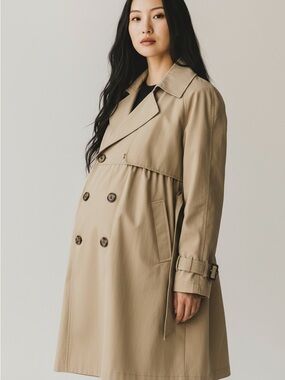 Maternity Liz Lange M Classic Beige Double-Breasted Trench Coat for Women